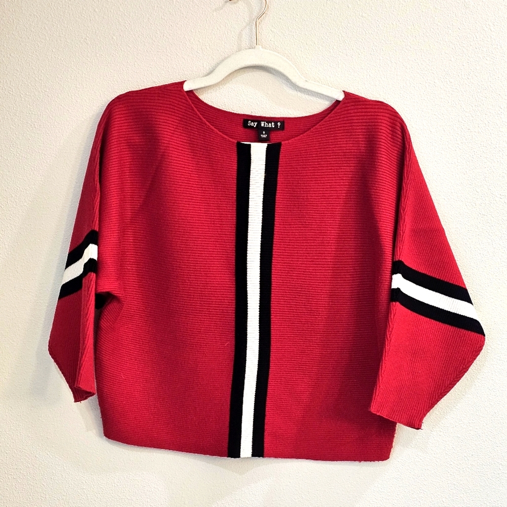 Say what ? Red, white and black sweater. Size S